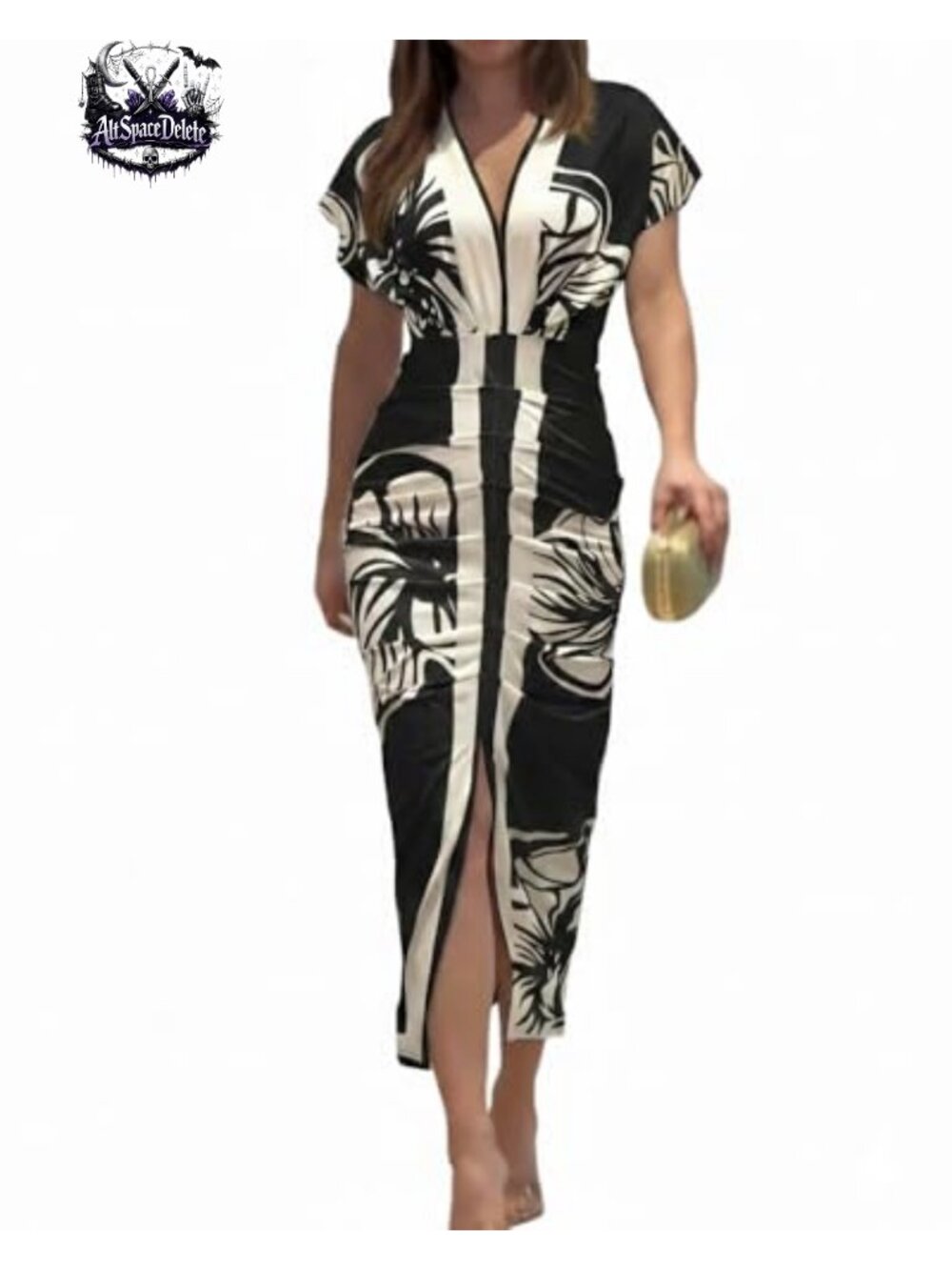 Floral Plunge V Neck Ruched Midi Dress Side Slit Short Sleeve Bodycon